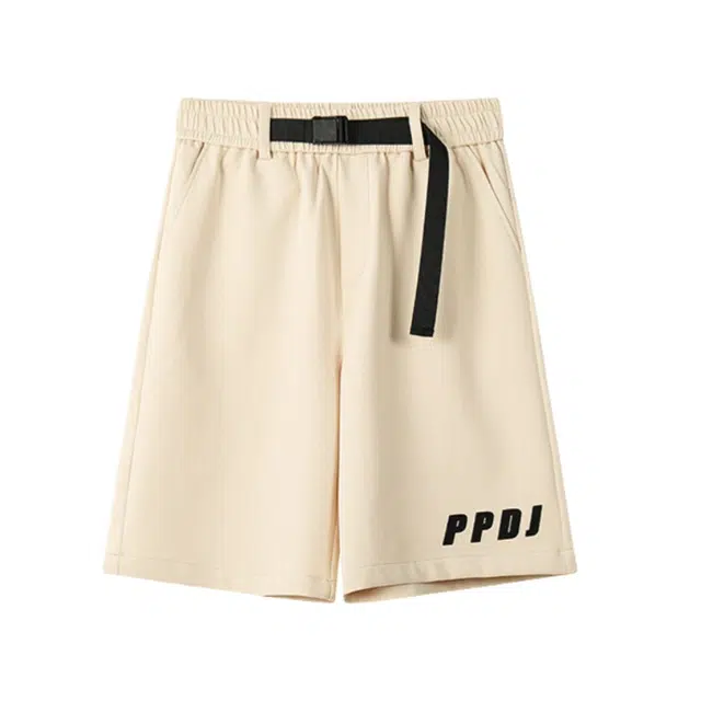 加荣 字母印花腰带曼巴重磅薄款透气美式休闲五分裤潮流高街百搭宽松直筒工装短裤 男女同款