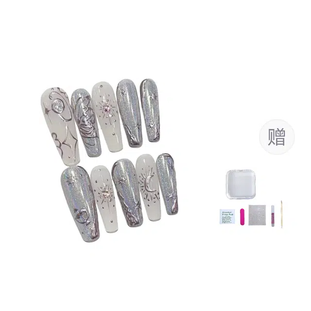 几多萌 【魔镜幻彩】 手工穿戴甲高级感幻彩魔镜四芒星蝴蝶美甲丘比特之箭可拆卸  梯型长款白银色跳色 细闪