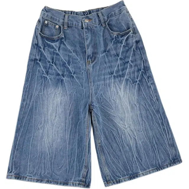 零氏 美式高街水洗做旧七分裤中裤子休闲直筒复古阔腿牛仔短裤 男女同款