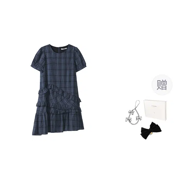 法儿家 格纹海浪苏格兰复古不规则短袖连衣裙 女款 藏青色