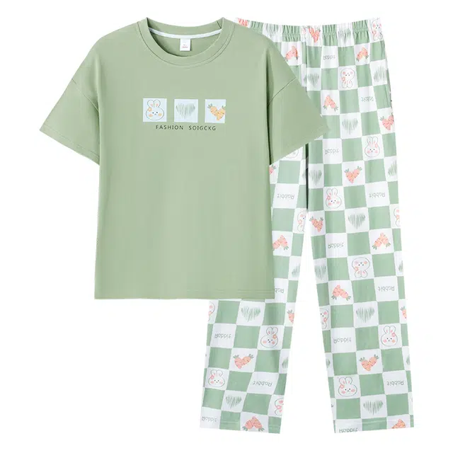 莫代尔 清新个性舒适轻柔细腻圆领套头纯棉宽松显瘦轻盈透气短袖长裤带胸垫防凸点家居服可外穿睡衣套装 女款