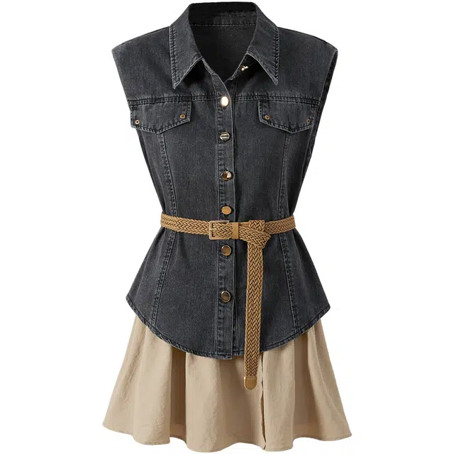 她池 小众复古翻领无袖马甲休闲短裙裙装套装 女款