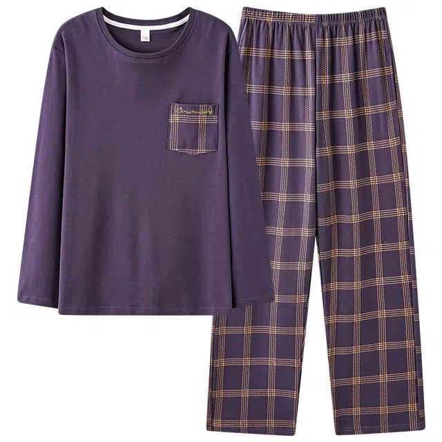 莫代尔 舒适纯色亲肤透气圆领套头长袖双口袋长裤可外穿男士睡衣套装 男款 深紫色