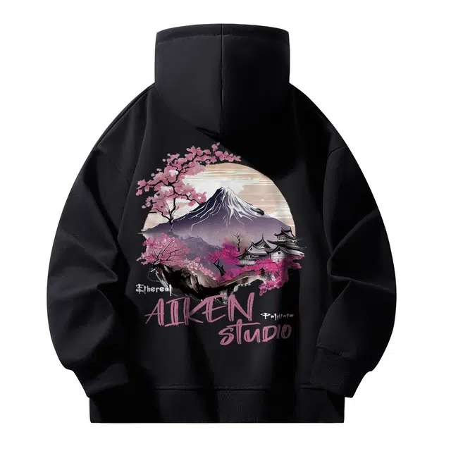 爱肯 基础款简约美式高街山峰樱花手写字母印花宽松休闲百搭落肩套头垂感袋鼠兜长袖连帽卫衣 男女同款