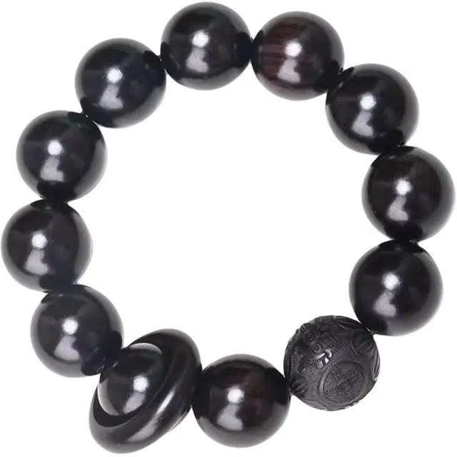 得笙陌 国潮新中式文玩佛珠雕刻招财貔貅圆珠带跑环串高油密#好运 黑檀 木作手串 男女同款情侣款