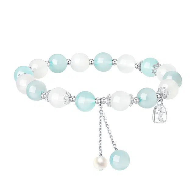 周大生 冰魄蓝烟银镶玉珍珠流苏小众新中式冰蓝色手饰 玉髓 手串 女款