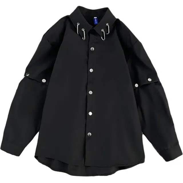 零氏 一衣两穿美式潮牌高街复古纯色可拆卸设计街头痞帅时尚潮流舒适百搭宽松休闲翻领落肩垂感直筒开衫长袖衬衫 男女同款