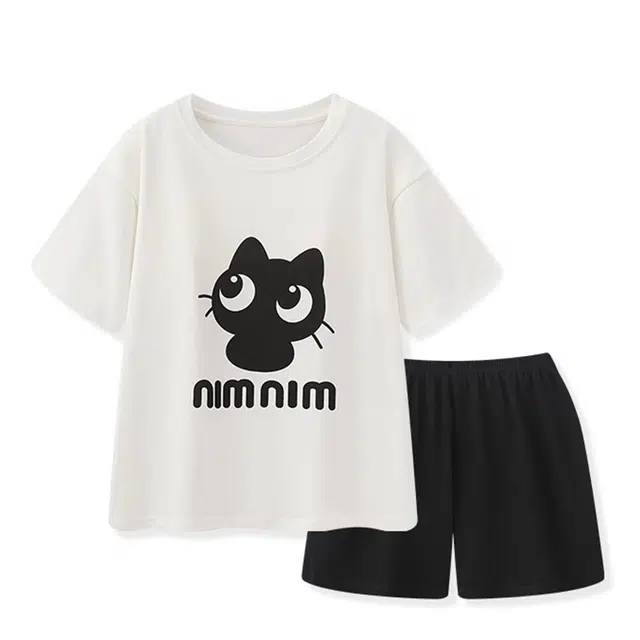 俏韵 圆领带胸垫卡通短袖三分裤薄款家居服可外穿夏季睡衣套装 女款