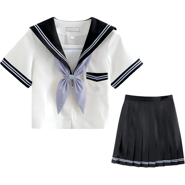 木清清 日系中间服基础款水手服短袖上衣海军领百褶短裙裙装套装 女款