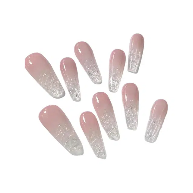 计轩 碎碎冰粉裸色天花板琉璃  穿戴甲 中长款粉色渐变 爆闪