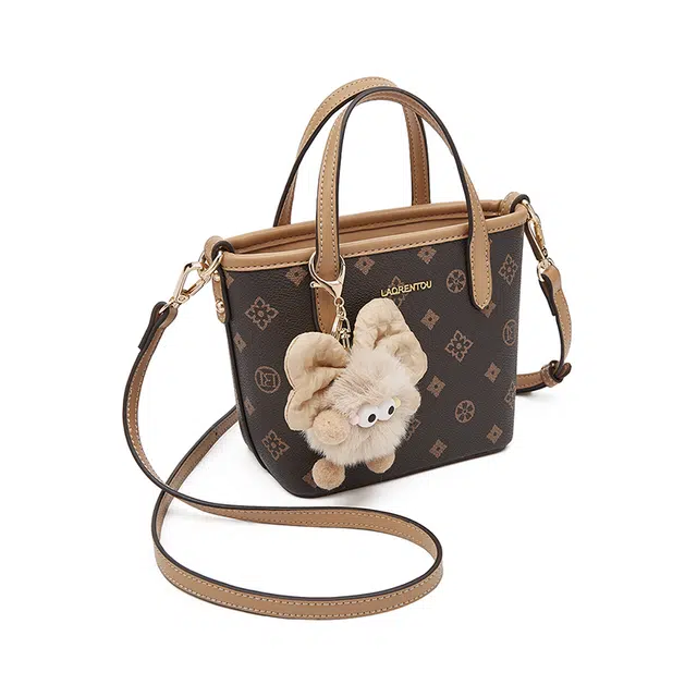 老人头 经典时尚老花小托特通勤休闲百搭可爱挂件菜篮子 合成革 单肩斜挎手提包 女款 咖色