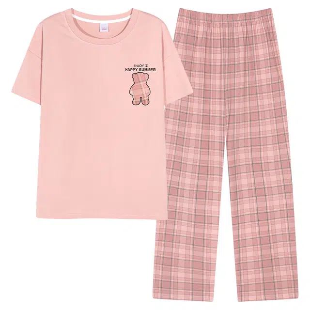 莫代尔 舒适柔软亲肤细腻个性圆领套头简约休闲时尚百搭带胸垫防凸点短袖长裤家居可外穿睡衣套装 女款