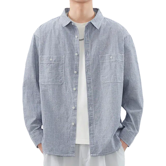 北极绒 美式复古条纹翻领宽松通勤长袖衬衫 男款