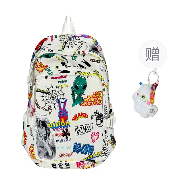 揽月 个性涂鸦美式潮酷 牛津布 双肩包 男女同款情侣款 绿色/红色