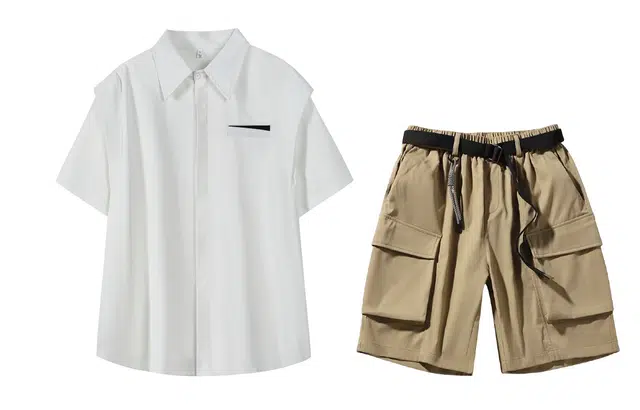 梓润格 美式学院风垂感落肩袖短袖透气百搭时尚上衣纯色弹性腰头腰带大口袋五分裤直筒工装风短裤休闲运动套装 男女同款