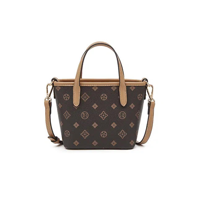 老人头 经典时尚老花小托特通勤休闲百搭可爱挂件菜篮子 合成革 单肩斜挎手提包 女款 咖色