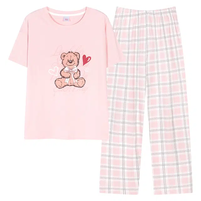 莫代尔 甜美风可爱卡通圆领套头时尚气质百搭个性宽松显瘦带胸垫防凸点短袖长裤家居可外穿睡衣套装 女款