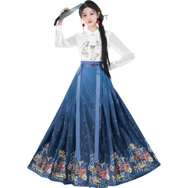 荟萃阁 新中式刺绣盘扣翻领早秋国风仿妆花数码印花大裙摆马面裙裙装套装 女款