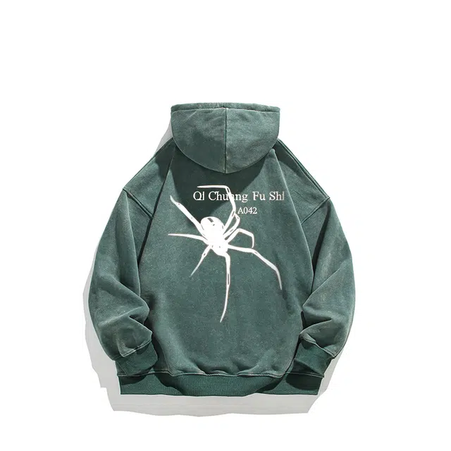 极限涡轮 美式发光蜘蛛重磅水洗做旧连帽宽松卫衣 男女同款 粉色