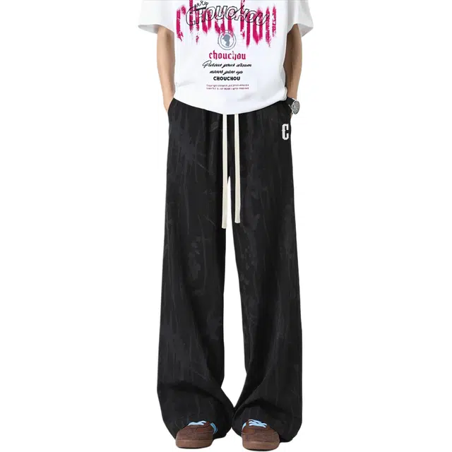 周同学 美式潮牌中国风变油墨山水画满印泼墨扎染设计脏脏松紧腰抽绳长裤宽松百搭直筒阔腿垂感拖地休闲裤 男女同款