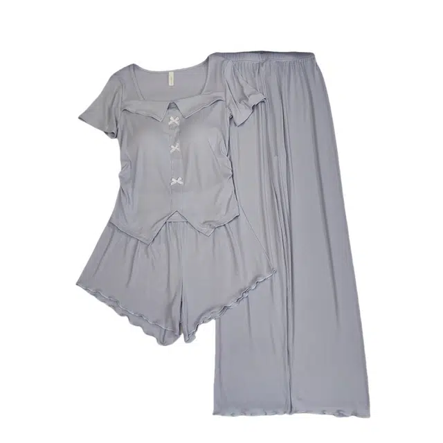 莫代尔 舒适轻柔细腻时尚方领套头韩版轻盈透气休闲简约短袖短裤长裤三件套带胸垫防凸点家居睡衣套装 女款