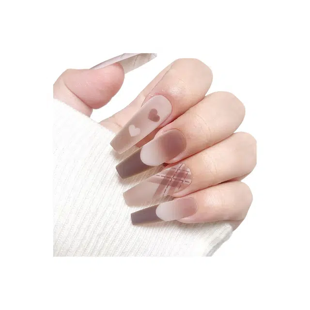 计轩 网格法式爱心菱形格穿戴甲国风  中梯咖色跳色 新中式