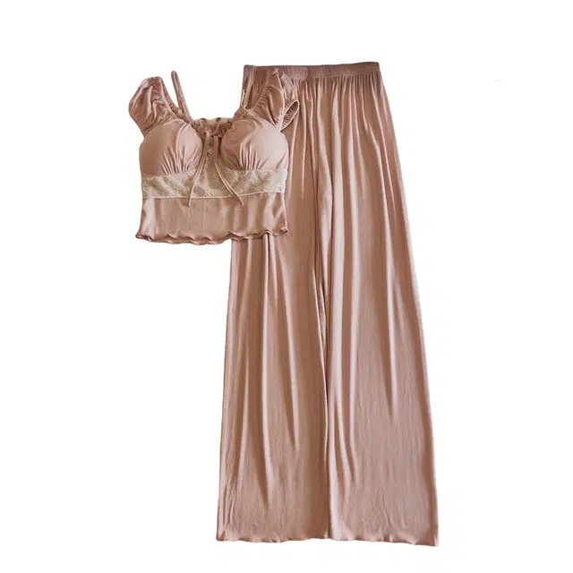 莫代尔 轻盈透气休闲简约方领套头舒适柔软亲肤细腻个性百搭短袖长裤带胸垫防凸点家居服睡衣套装 女款