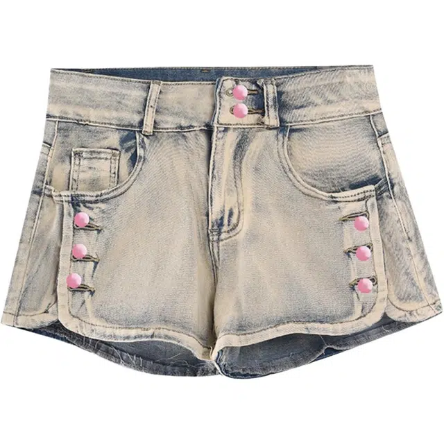 怪力萝莉 小个子高街复古纽扣辣妹低腰包臀热裤牛仔短裤 女款