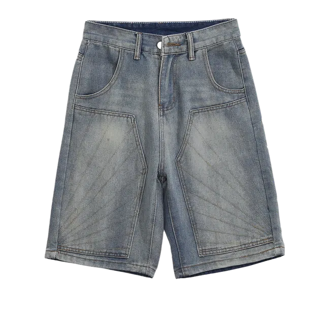 木木兔 水洗做旧潮牌休闲小众时尚设计感百搭宽松五分裤牛仔短裤 男款