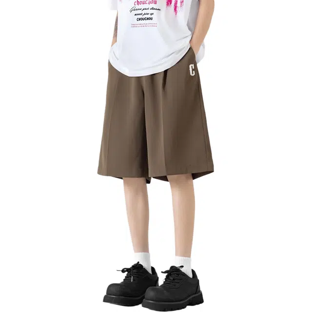 周同学 美式高街复古痞帅个性学院风透气日常通勤极简纯色潮牌宽松垂感西装裤潮流百搭时尚透气直筒五分休闲短裤 男女同款
