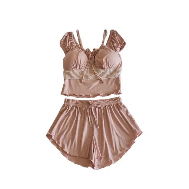 莫代尔 时尚气质方领套头舒适柔软亲肤细腻轻盈透气短袖短裤带胸垫防凸点家居服睡衣套装 女款