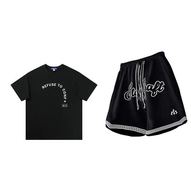 星际者 创意弧形排列短袖上衣字母纯色中腰短裤休闲运动套装 男女同款