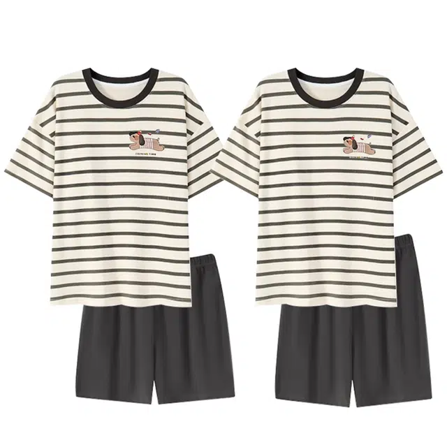 俏韵 圆领卡通仿棉短袖短裤大码家居服可外穿夏季睡衣套装 男女同款