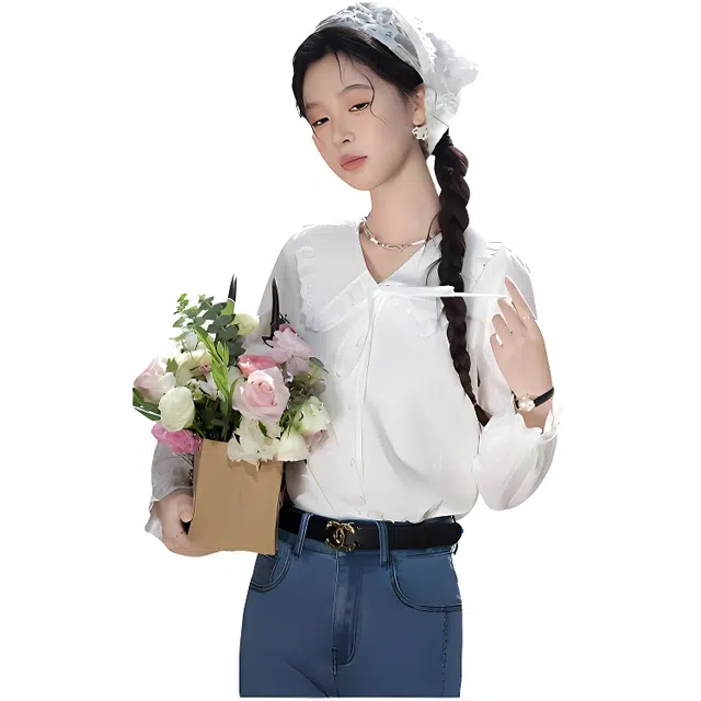 鹿向南 法式复古气质翻领纯色常规长袖休闲截短上衣 女款