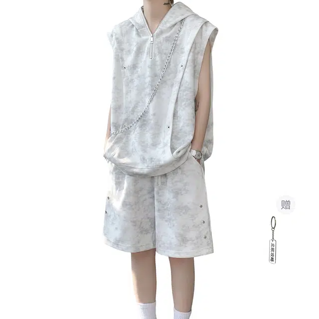 北欧攻略 美式高扎染半拉链连帽无袖上衣卫衣懒人宽松复古痞帅健身跑步服薄款透气五分裤休闲运动套装 男女同款