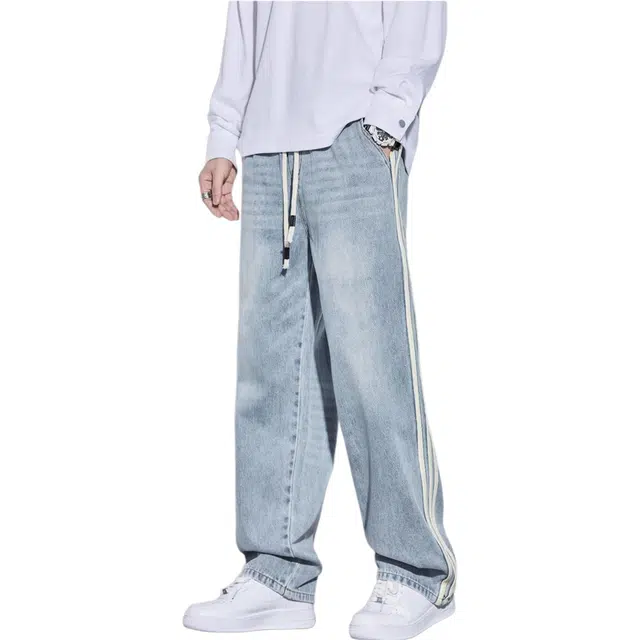 隐狼世家 宽松侧边条纹水洗青少年休闲抽绳牛仔裤 男款 景泰蓝