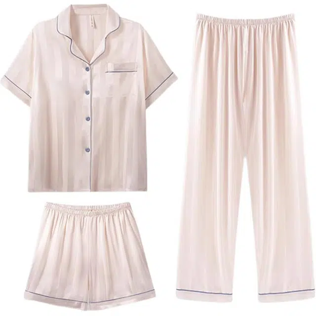 潞优野 带胸垫三件套短袖凉感可外穿家居服睡衣套装 女款