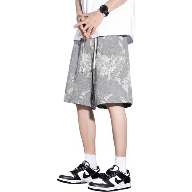 瑞梵帝斯 海滩花纹设计感轻薄百搭中裤直筒宽松柔软舒适面料薄款透气水洗工艺阔腿休闲短裤 男款