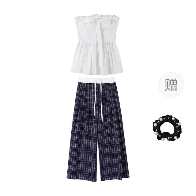 雾闪闪 合身高腰一字领格子短袖休闲套装 女款