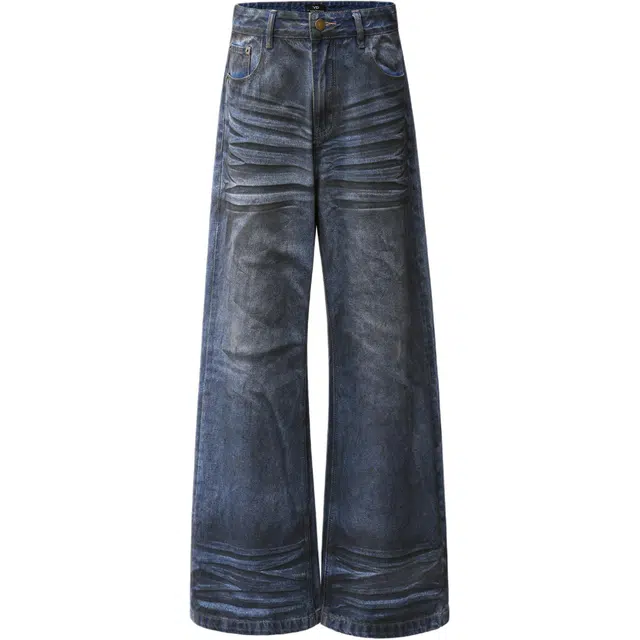 宝米卡 美式复古猫须纹做旧长裤阔腿宽松牛仔裤 男女同款 脏脏蓝