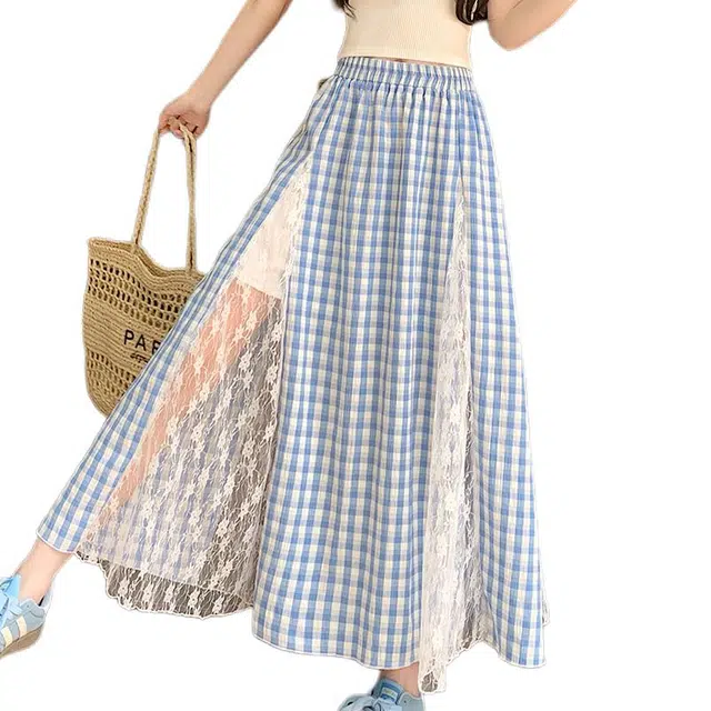 沐晓欣 韩系蕾丝拼接设计感格子半身裙休闲长裙 女款