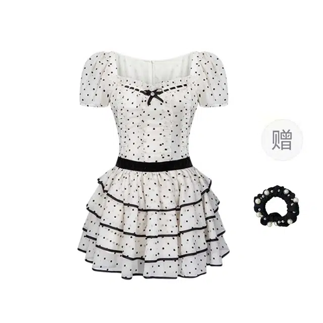 雾闪闪 法式波点蓬蓬蛋糕裙少女感甜美可爱气质收腰显瘦蝴蝶结短袖连衣裙 女款