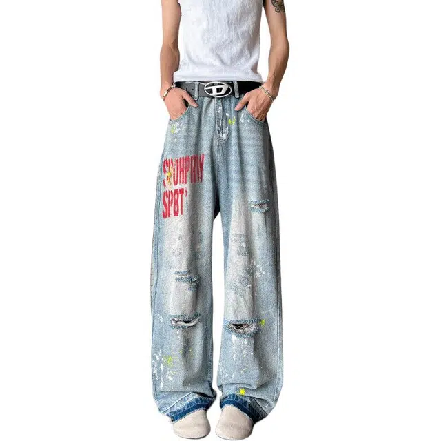 大白鲨 潮流薄款破洞印花直筒休闲潮牌水洗美式运动复古日系裤子牛仔裤 男女同款