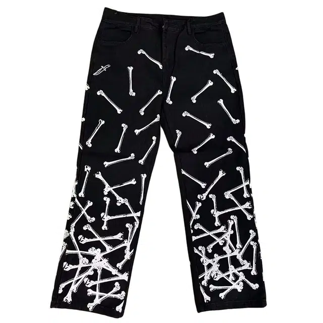 拾个壹先生 骨头印花高街朋克痞帅牛仔裤 男女同款