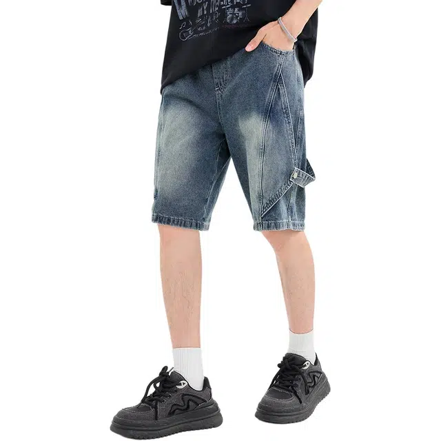 三福 飘带街潮宽松直筒裤中腰五分裤牛仔短裤 男款