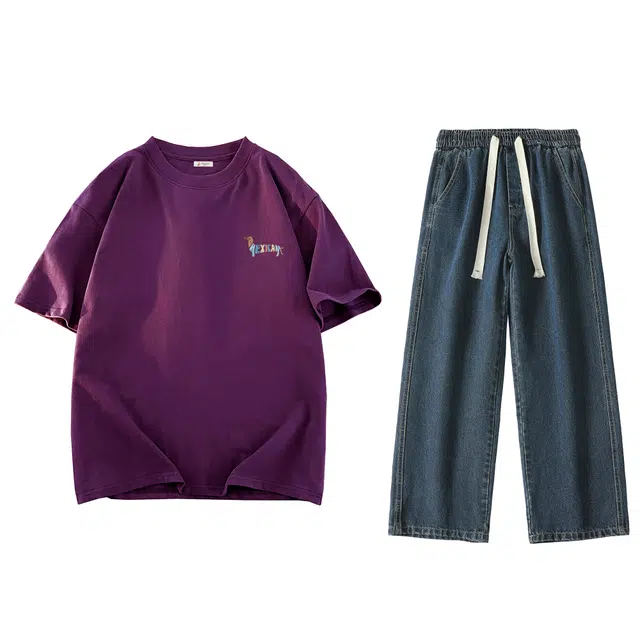 稻草人 美式复古创意滑板腊肠狗仿刺绣字母设计感时尚潮流纯棉短袖港风街头百搭宽松水洗做旧牛仔裤休闲运动套装 男女同款