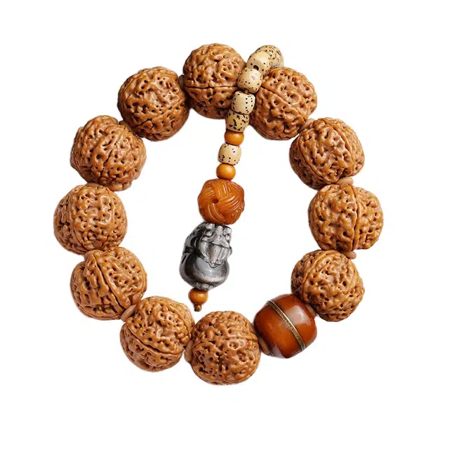 宣华意 国潮复古盘玩佛珠手持原籽文玩配饰银曜石貔貅 金刚菩提 手串 男款