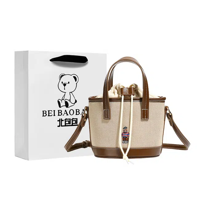 北包包 高级感流行小众印花撞色简约 布 水桶包手提包 女款 米白色/卡其色