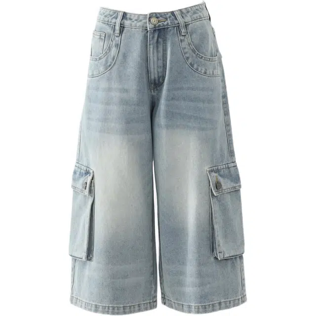 玫丝朵 美式复古高腰七分裤高街工装阔腿百搭直筒牛仔短裤 女款