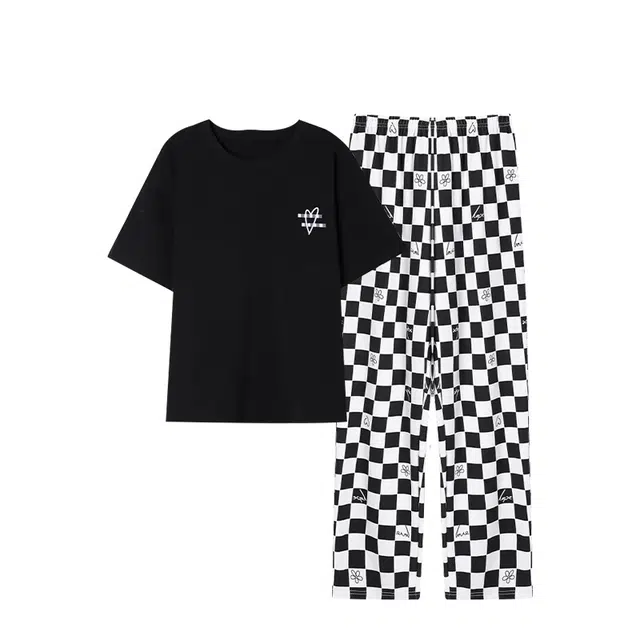 俏韵 舒适柔软爱心格子短袖长裤家居服睡衣套装 女款